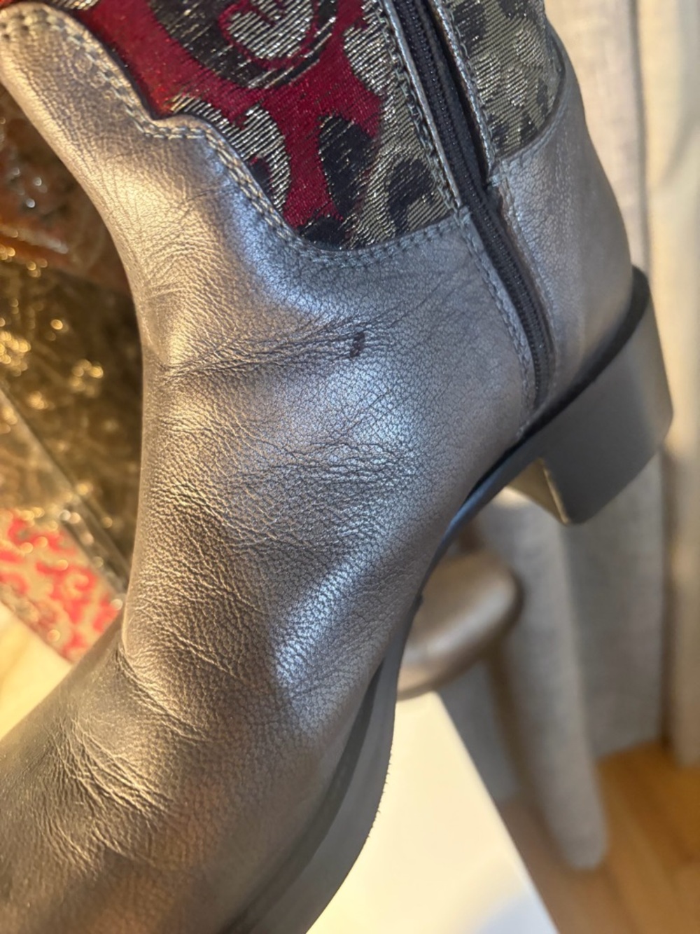 Donald J. Pliner Metallic Silver Leather and Multicolor Brocade Knee Boots - Picture 7 of 11